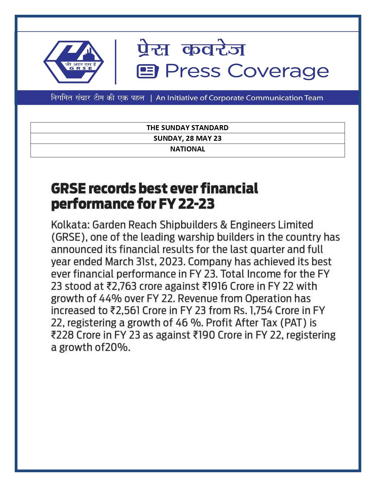 GRSE records best ever financial performance for FY 22-23